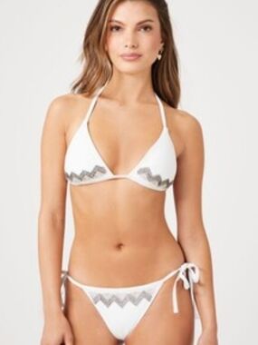 NWOT Forever 21 White Triangle Bikini Set with Beaded Chevron Trim - Women Swim